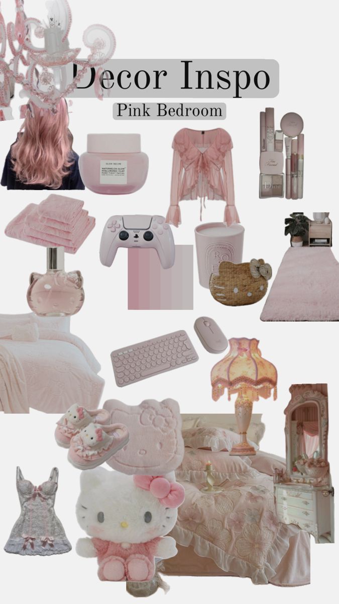 a collage of pink bedroom items and accessories