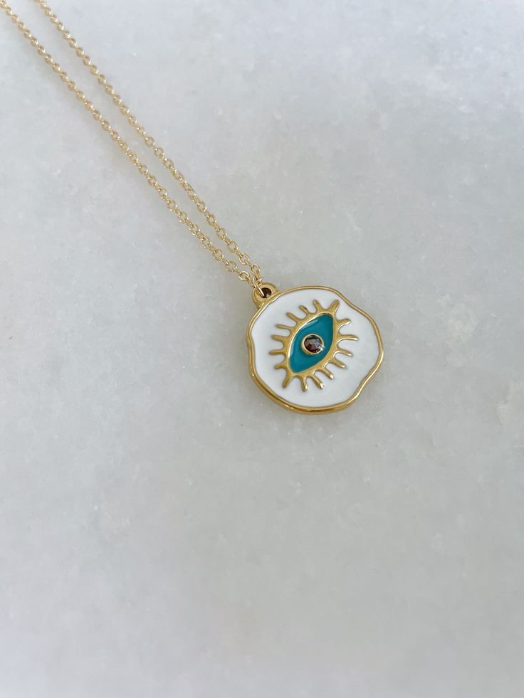 Fun and Colorful Evil Eye Necklace on 14k gold filled chain. Gift box included Evil Eye Necklace, Evil Eye Jewelry, Evil Eye Gift, Layering Necklace 14k Gold Filled Spiritual Necklaces As Gift, White Round Necklace With Adjustable Chain, Enamel Jewelry For Gifts, White Charm Necklace With Adjustable Chain As Gift, White Delicate Chain Charm Necklace As A Gift, Spiritual 14k Gold-filled Charm Necklaces As Gift, White Charm Necklace With Delicate Chain For Gift, Spiritual 14k Gold Filled Charm Necklace Gift, White Necklace With Adjustable Chain As Gift For Her