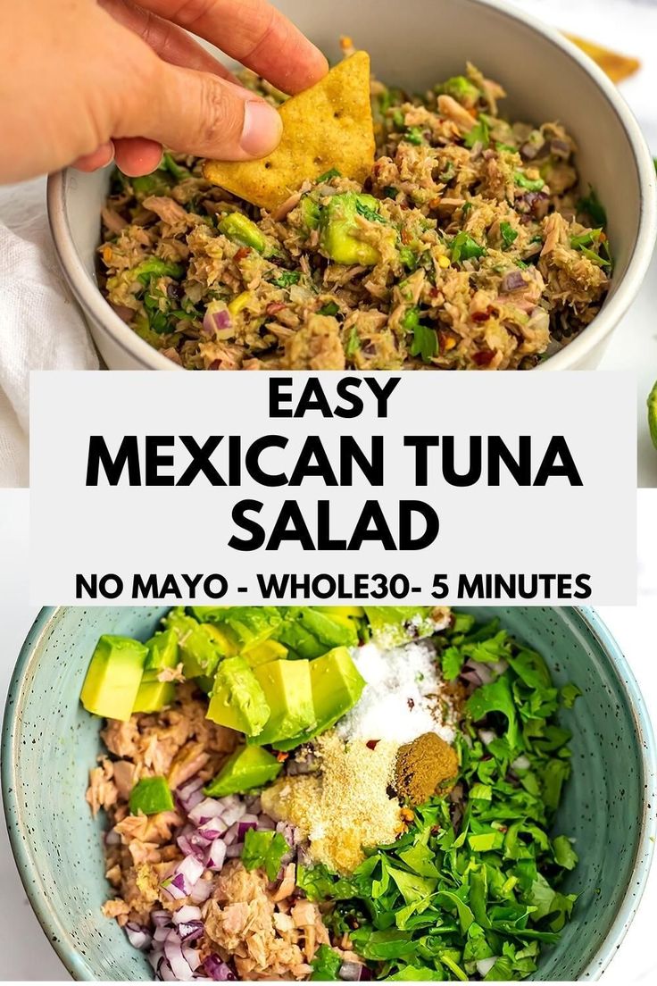 mexican tuna salad in a bowl with avocado and cilantro on the side