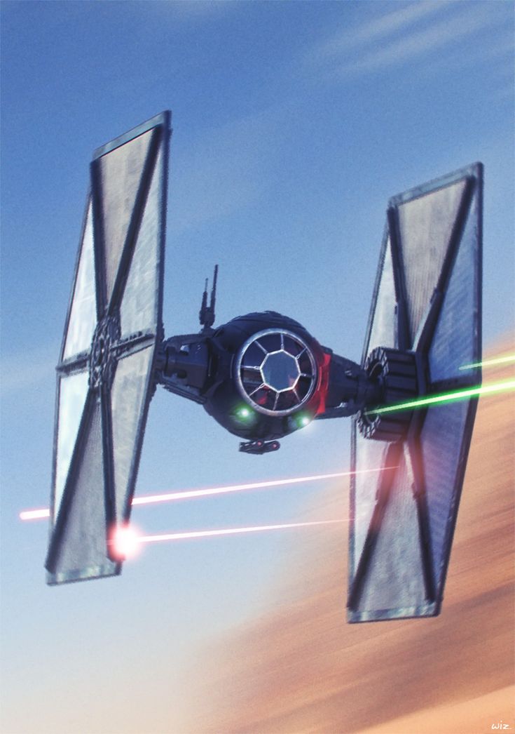 a star wars tie flying through the air with green lasers coming from its blades