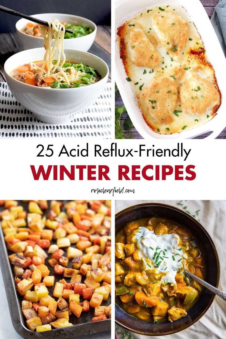 A round-up of 25 acid reflux-friendly recipes that are perfect for winter! Easy, cozy breakfast, lunch, and dinner ideas including soups, salads, egg dishes, roasted vegetables, and chicken dishes. The post includes a FREE printable with the best and worst acid reflux foods! Less Acidic Foods, Dinner Ideas For Stomach Ulcers, Light Easy To Digest Meals, Recipes For Reflux Diet, Gluten Free Sick Food, Pancreas Friendly Recipes, What Foods Help Heart Burn, Anti Acid Food, Healthy Gerd Friendly Recipes