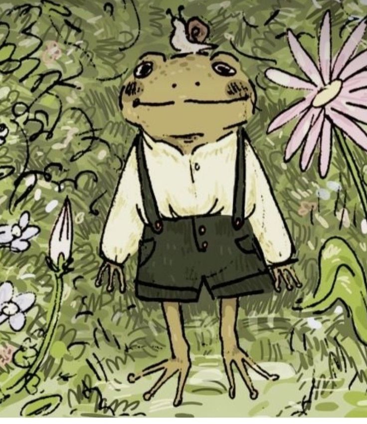 a drawing of a frog in overalls and a flower