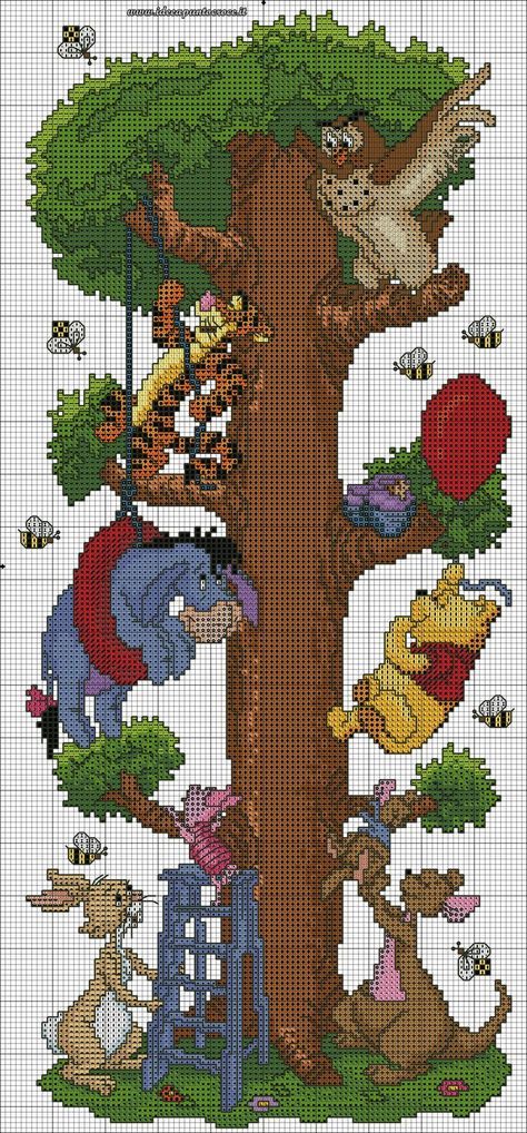 a cross stitch pattern with different animals in the tree and on top of each other