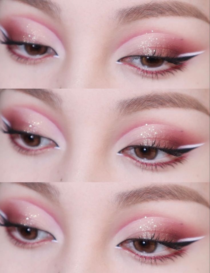 Pretty Pink Makeup Looks, Pink Gem Eye Makeup, White And Pink Eyeliner, Make Up Pink Natural, Pink Valentine’s Day Makeup, Pink Makeup For Prom, Hooded Eyeshadow Looks, Makeup Art Simple, Pink And White Eyeshadow