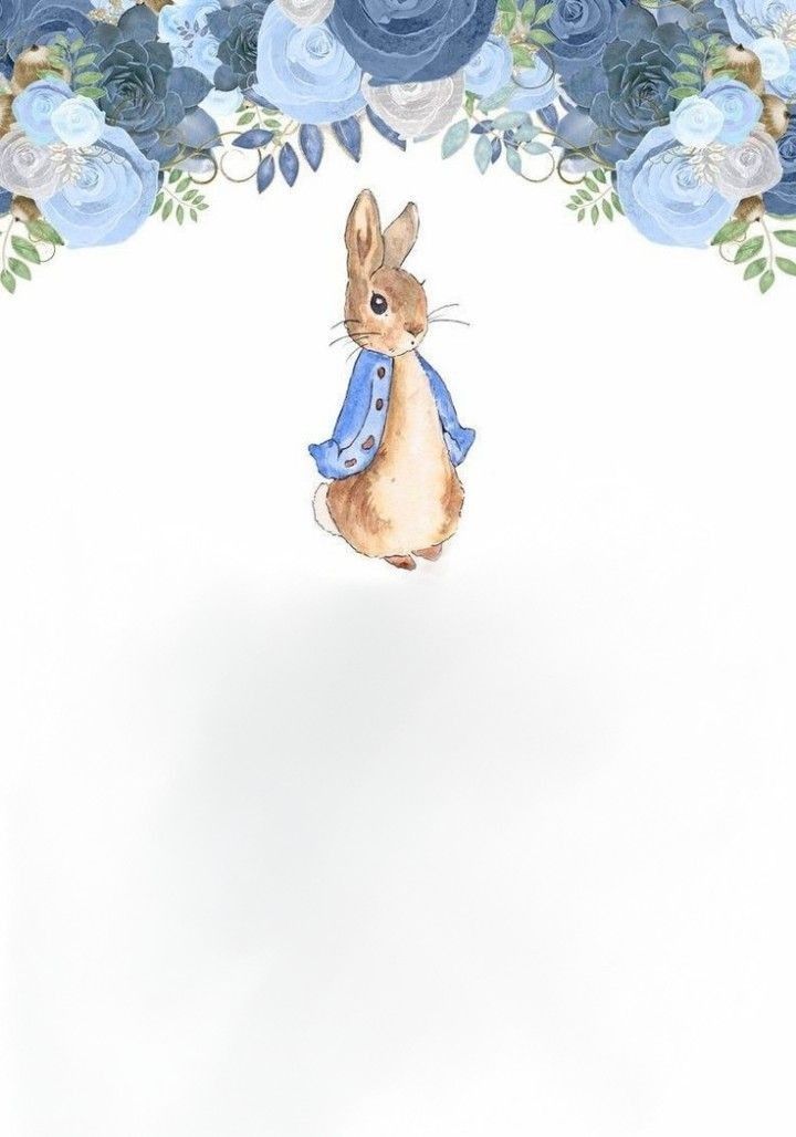 a watercolor painting of a rabbit with blue flowers