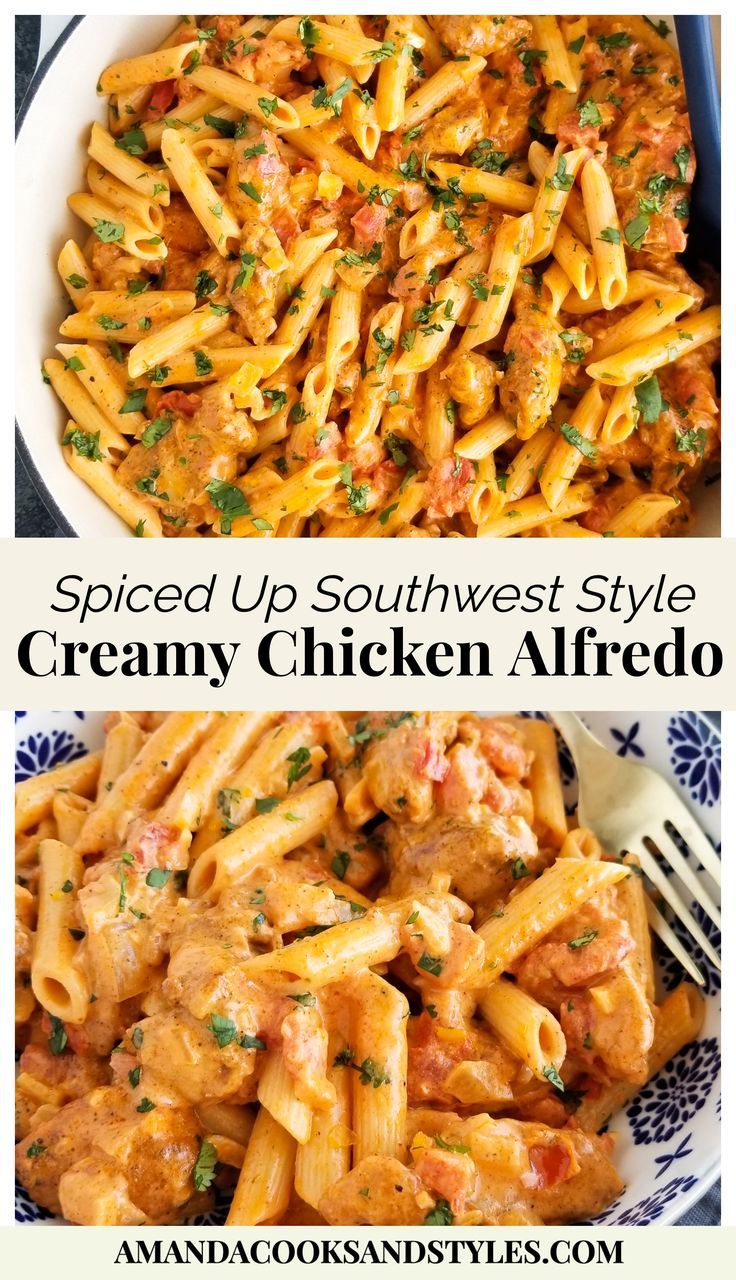 two pictures with different types of pasta and sauce in them, one is creamy chicken alfredo