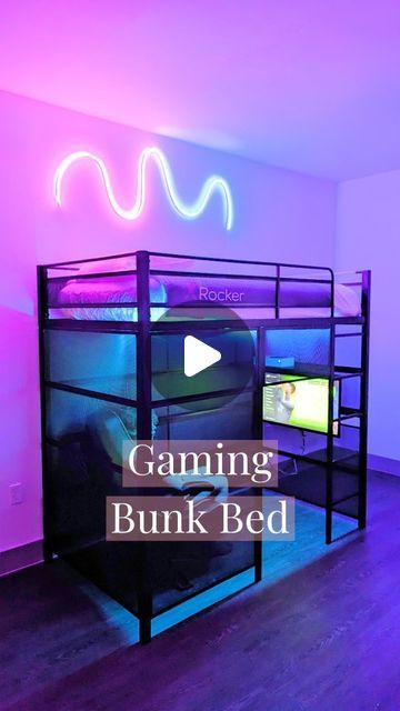 a bedroom with bunk beds and purple lighting in the corner is featured for gaming bunker bed