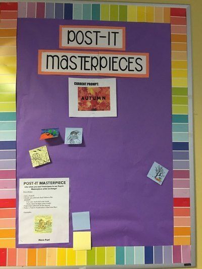 a bulletin board with post it masterpieces written on it