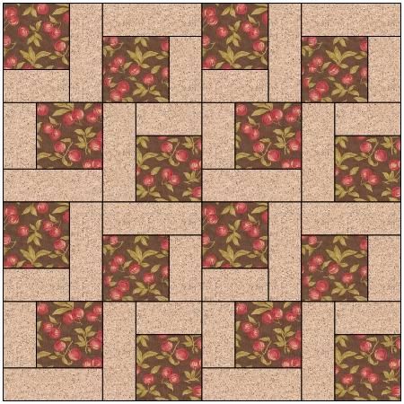 the pattern is made up of brown and red squares with green leaves on each side