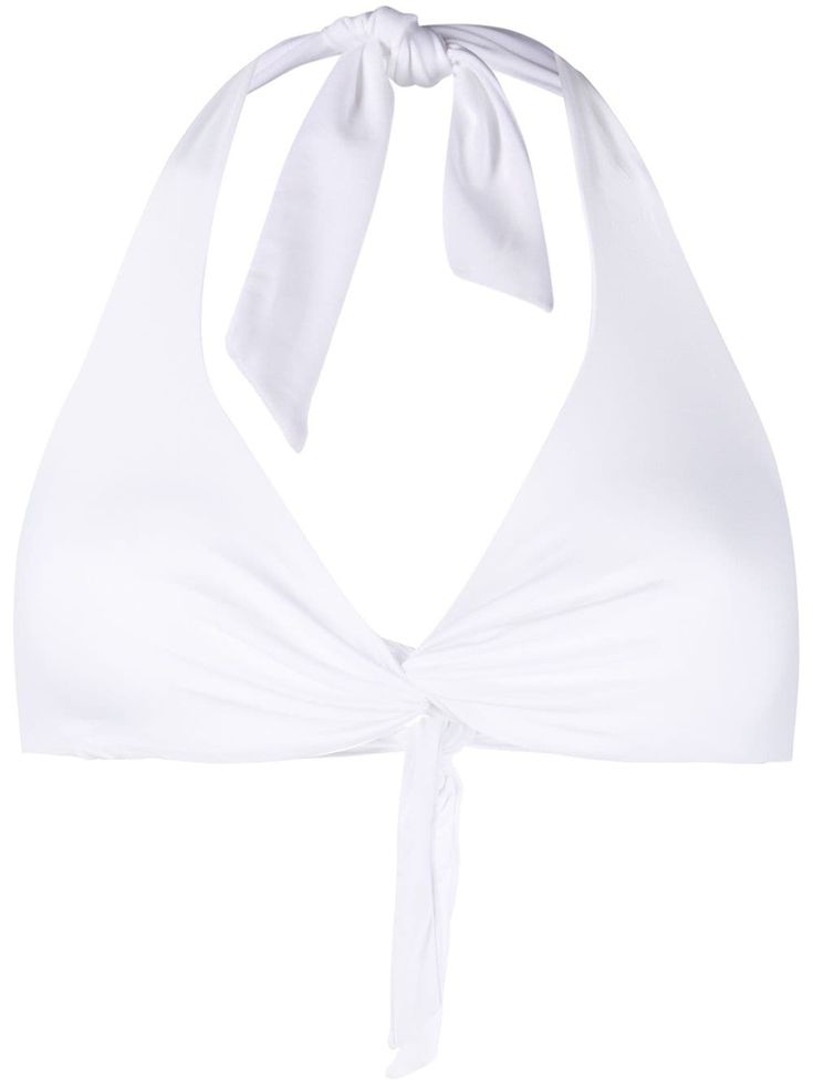 White stretch halterneck bikini top from Fisico featuring a plunge style and a back tie fastening. Swimwear must be tried on over your own garments. Chic T-back Halter Top For Beach, Halter Neck Top With Built-in Bra For Pool, Stretch Halter Tie Back Triangle Top, Seamless White Halter Top For Beachwear, Stretch Triangle Halter Top With Tie Back, Chic Triangle Halter Top For Beach Season, Chic Tie Back Halter Top For Swimming, Stretch Beachwear Halter Top In Triangle Shape, Stretch Triangle Halter Top For Beachwear