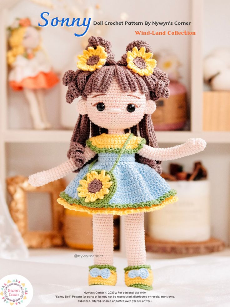 a crocheted doll with sunflowers on her dress and shoes is posed in front of a shelf