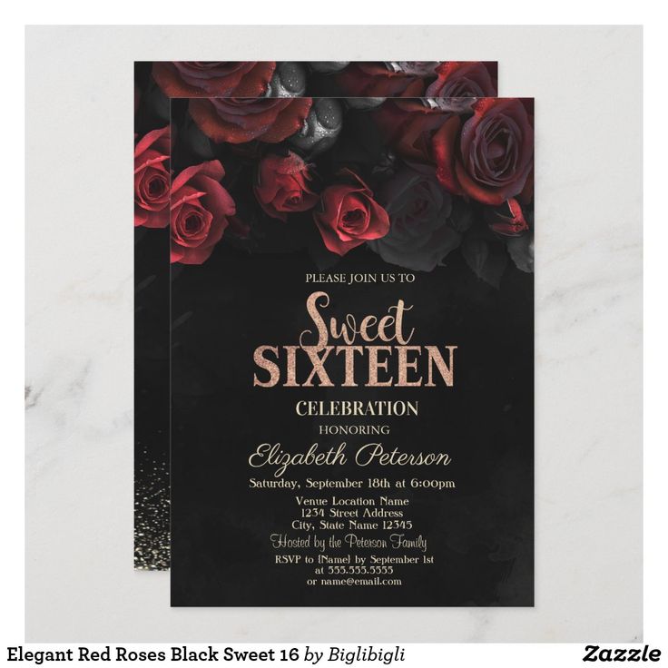 an elegant black and red rose themed sweet sixteen celebration party card with the words sweet sixteen celebration on it