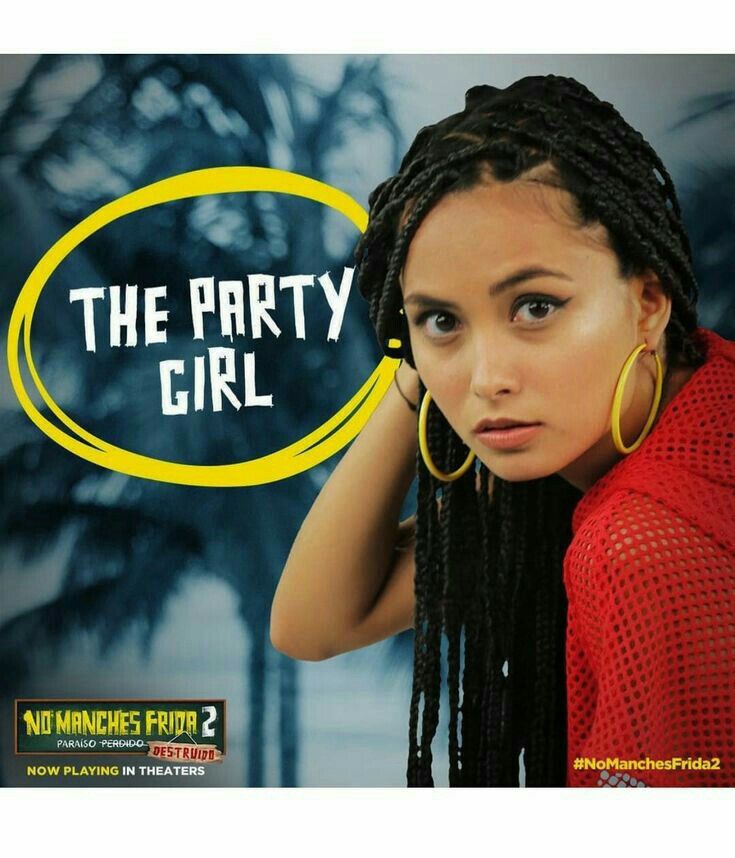 a woman with dreadlocks is looking at the camera and has an oval sign above her head that says, the party girl