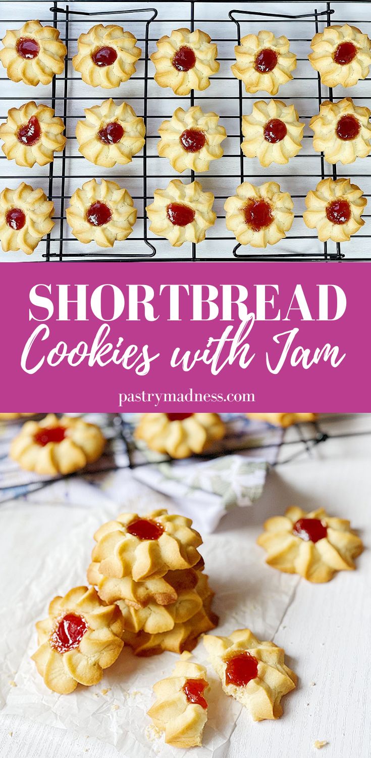 shortbread cookies with jam are on a cooling rack and in the background there is a pink sign that says shortbread cookies with jam