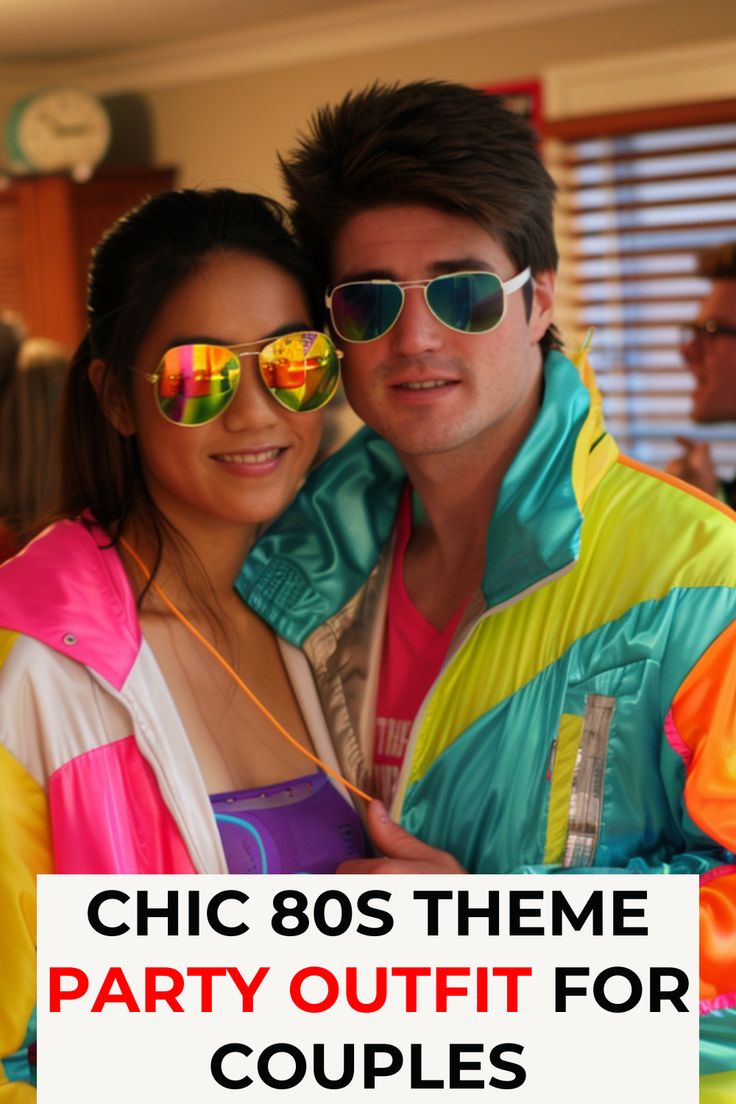 a man and woman in colorful clothes posing for the camera with text overlay that reads, chic 80's theme party outfit for couples