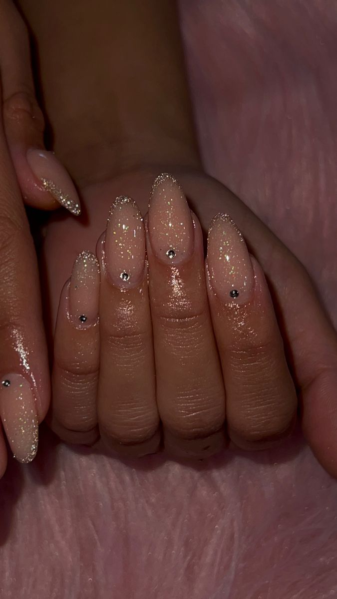 Almond Glitter French Tip Nails, Nails For Prom Blue Dress, Elegant Prom Nails, Nail Inspo Glitter, Sparkly French Tip Nails, Nails Inspiration Glitter, Silver Sparkly Nails, Diamante Nails, Glitter French Tip