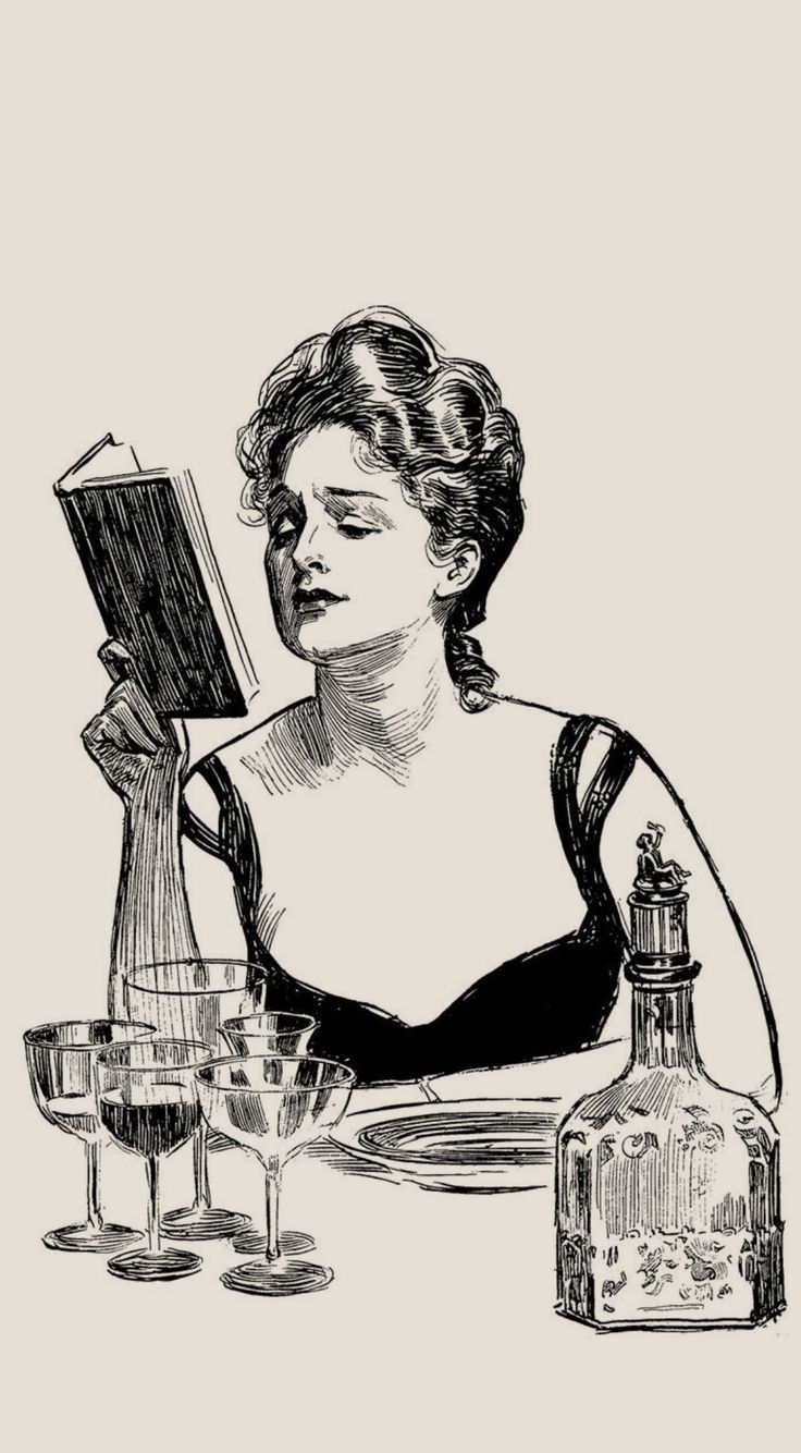 a drawing of a woman sitting at a table with wine glasses and an open book