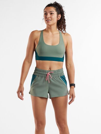 Color Block Athleisure Shorts, Sporty Nylon Shorts With Contoured Waistband, Color Block Sports Bottoms, Short Length, Short Nylon Swimwear For Training, Nylon Training Swimwear, Short Style, Green Color Block Sporty Activewear, Sporty Green Color Block Activewear, Sporty Color Block Workout Shorts, Nylon Swimwear With Built-in Shorts For Training