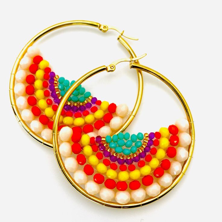 Gorgeous Teals, Purples, Yellows, And Oranges Make These Beaded Statement Earrings A Work Of Art! 2.3 Inches Boho Style Vintage Gold New Gift With Purchase Gold Beaded Hoop Earrings For The Beach, Gold Beaded Hoop Earrings For Summer, Vibrant Beaded Summer Jewelry, Colorful Beaded Circular Jewelry For Summer, Gold Hoop Earrings With Colorful Beads For Beach, Summer Yellow Hoop Jewelry, Rainbow Colorful Beads Hoop Earrings, Rainbow Hoop Earrings With Colorful Beads, Rainbow Round Hoop Earrings With Colorful Beads