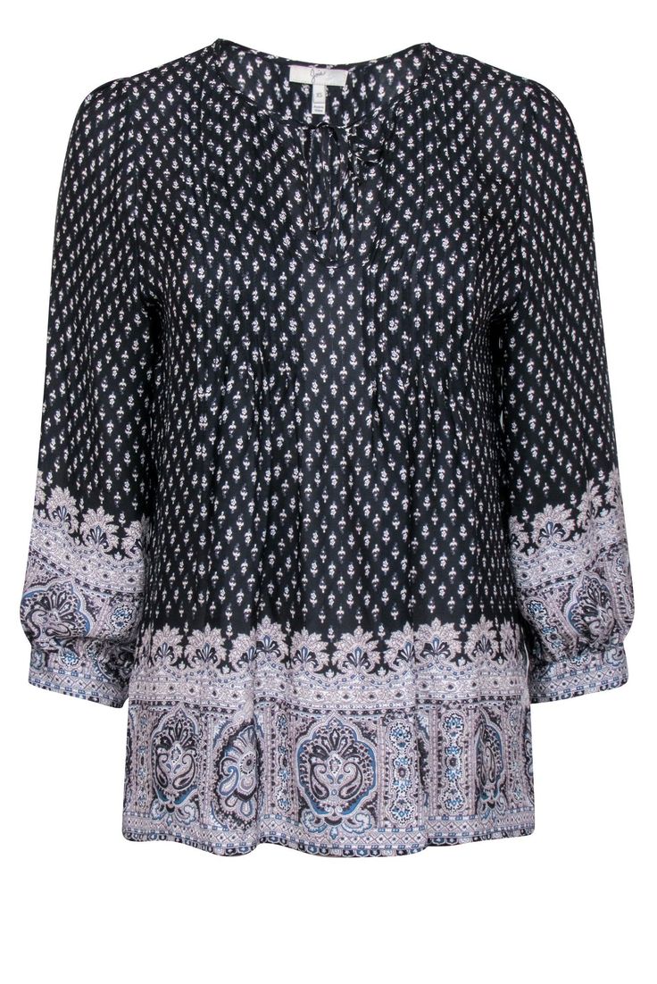 Current Boutique-Joie – Black & White Paisley Print Peasant Top Sz XS Black Cotton Tops With Paisley Print, Black Embroidered Bohemian Peasant Top, Black Embroidered Peasant Top, Black Embroidered Peasant Blouse, Black Embroidered Long Sleeve Peasant Top, Peasant Top, Peasant Blouse, Peasant Tops, Boho Casual