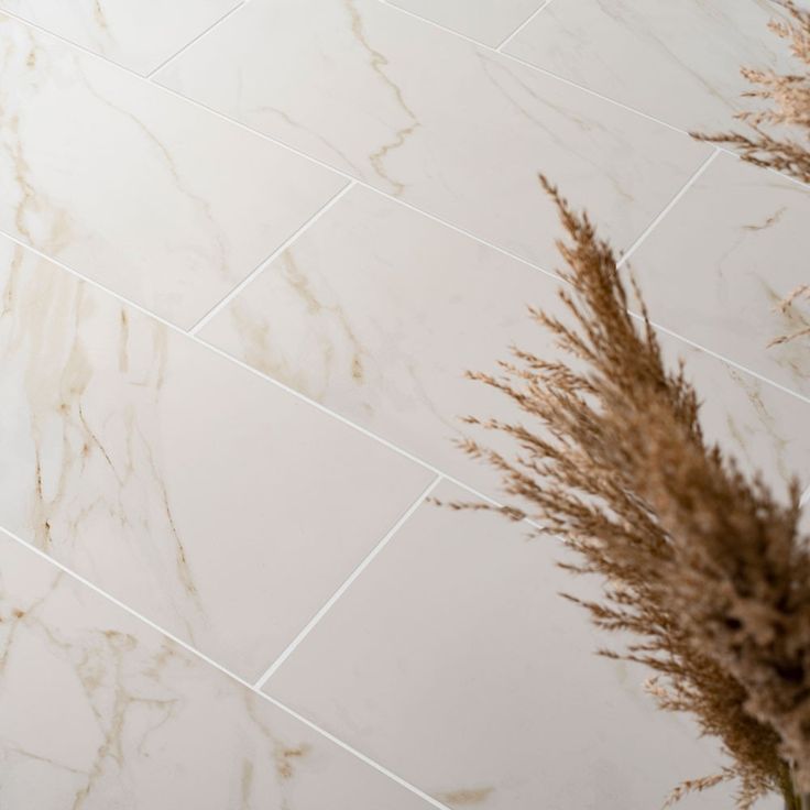 two dried plants sitting on top of a white tile floor next to a vase with dry grass in it