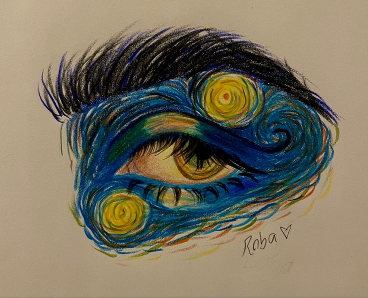 a drawing of an eye with blue and yellow swirls