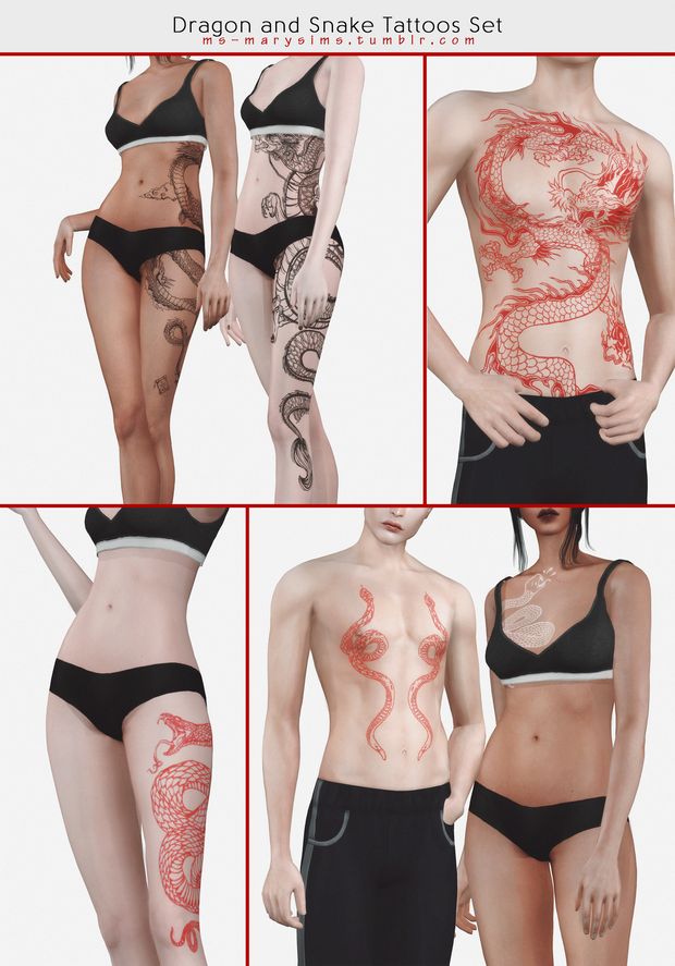 four different images of women with dragon tattoos on their stomachs and back, from top to bottom