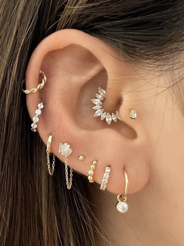 a close up of a person with ear piercings on their left and right sides