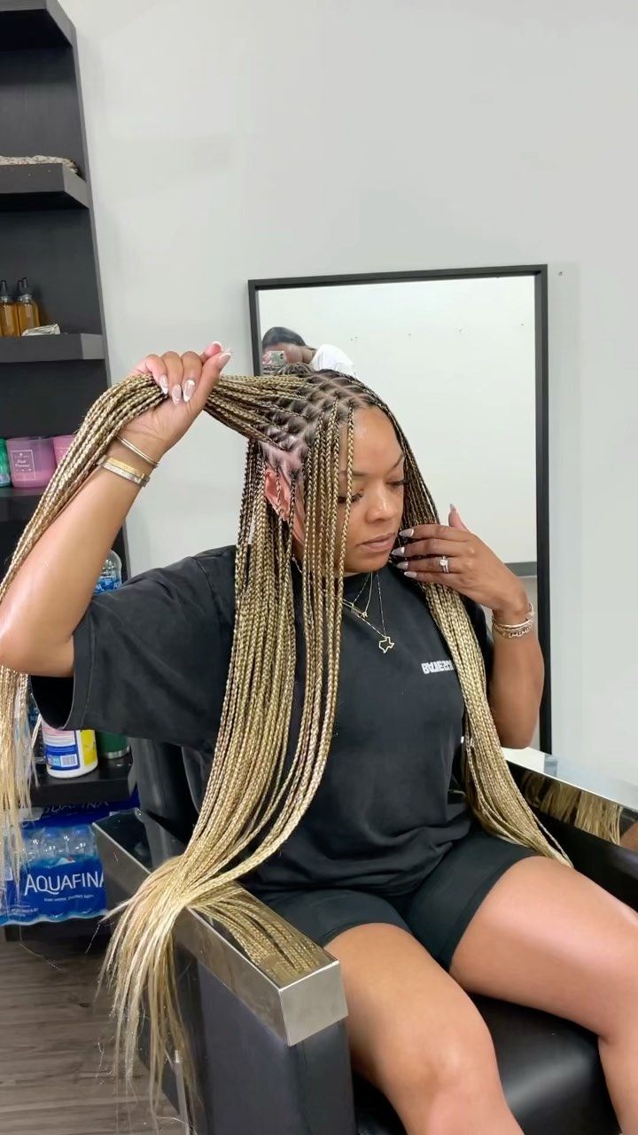 Same day ponytail ✨✨. Book this style under Small Medium knotless braids and add on color 27/30/4. 🔴July booking open , click the link in… | Instagram High Ponytail Knotless Braids, Number 27 Braids, Mixed Blonde Knotless Braids, Ombre Blonde Knotless Box Braids, Ombre Blonde Knotless Braids, Blonde Small Knotless Box Braids, Versatile Knotless Braids, Knotless Box Braids Color 30 And 27, Knotless Box Braids Medium Color Combo