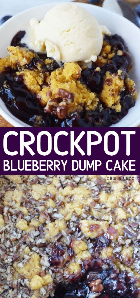 crockpot blueberry dump cake with ice cream in the middle and on top