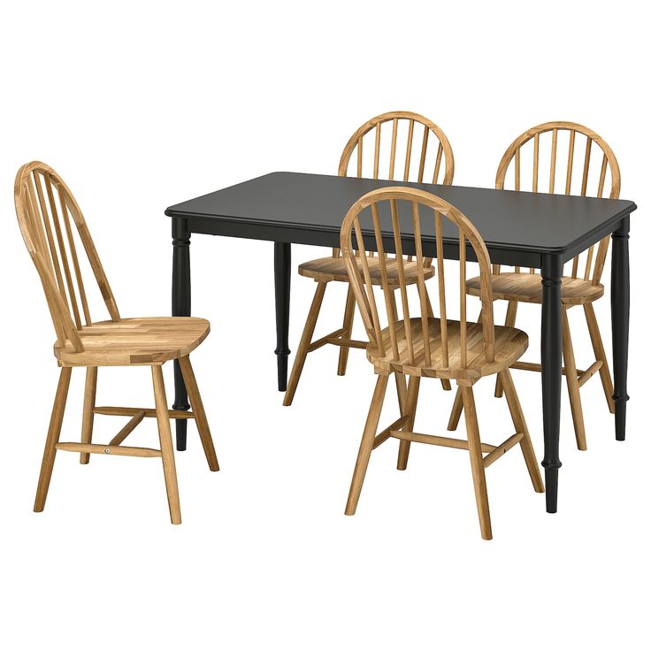 a black table and four chairs with one chair up against the other, in front of a white background