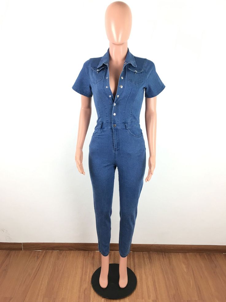 Color: Light Blue Size: S,M,L,XL Material: Denim Length: Long Wash&Care: Hand Wash Closure Type: Button Up Pattern Type: Solid Style: Fashion Neckline: Turndown Collar Sleeve Length: Short Sleeve Sleeve Style: Regular Sleeve Stretchability: Non-Stretchable Gender: Women Size Chart Inches Size Length Bust Waist Hip S 57.09 31.50 25.98 35.43 M 57.48 33.07 27.56 37.01 L 57.87 34.65 29.13 38.58 XL 58.27 36.22 30.71 40.16 Warm Tips 1. This Clothing Size Information Is Just For Reference Only. Please Button Up Pattern, Color Light Blue, Turndown Collar, Denim Jumpsuit, Color Light, Single Breasted, Style Fashion, Sleeve Styles, Button Up