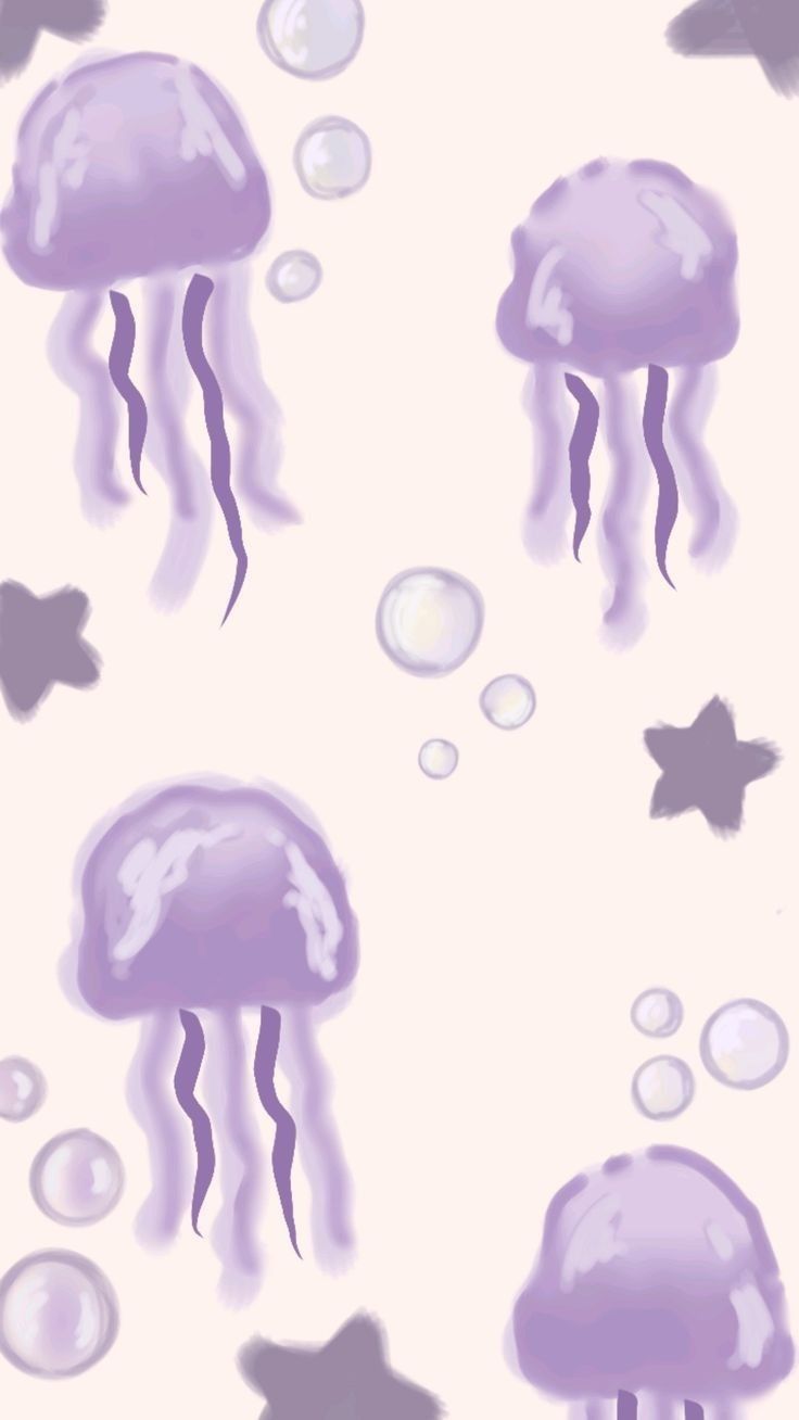 purple jellyfish and starfish bubbles on a white background with black stars in the bottom right corner