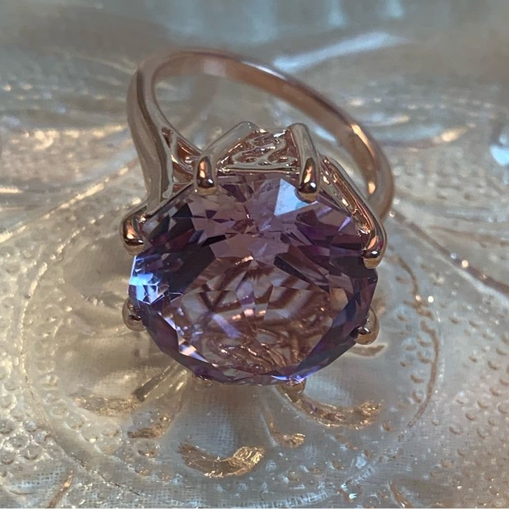 Genuine Rose De France Amethyst Solitaire “Cocktail” Ring. This Gorgeous Gemstone Boasts 14.85 Carats!! Set In Vermeil Rose Gold Over .925 Sterling Silver In A Beautiful Setting. Size 8-8 1/2. Comes New In Box For Safekeeping And Gift Giving. Nwt Luxury Purple Rings For Party, Luxury Purple Party Rings, Elegant Amethyst Crystal Ring With Gemstone Accents, Elegant Amethyst Crystal Ring With Center Stone, Pink Amethyst Ring For Formal Occasions, Elegant Amethyst Crystal Ring With Accent Stones, Elegant Purple Crystal Ring With Prong Setting, Formal Purple Amethyst Ring With Gemstone Accents, Elegant Purple Kunzite Ring