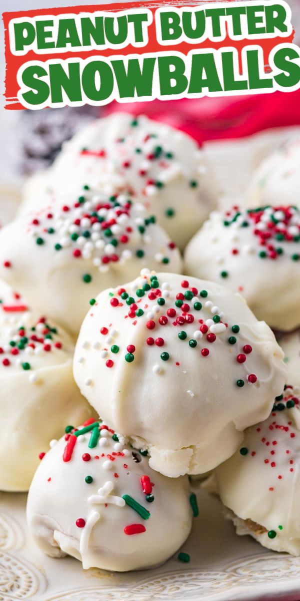 white chocolate covered snowballs with sprinkles on top and the words peanut butter snowballs above them