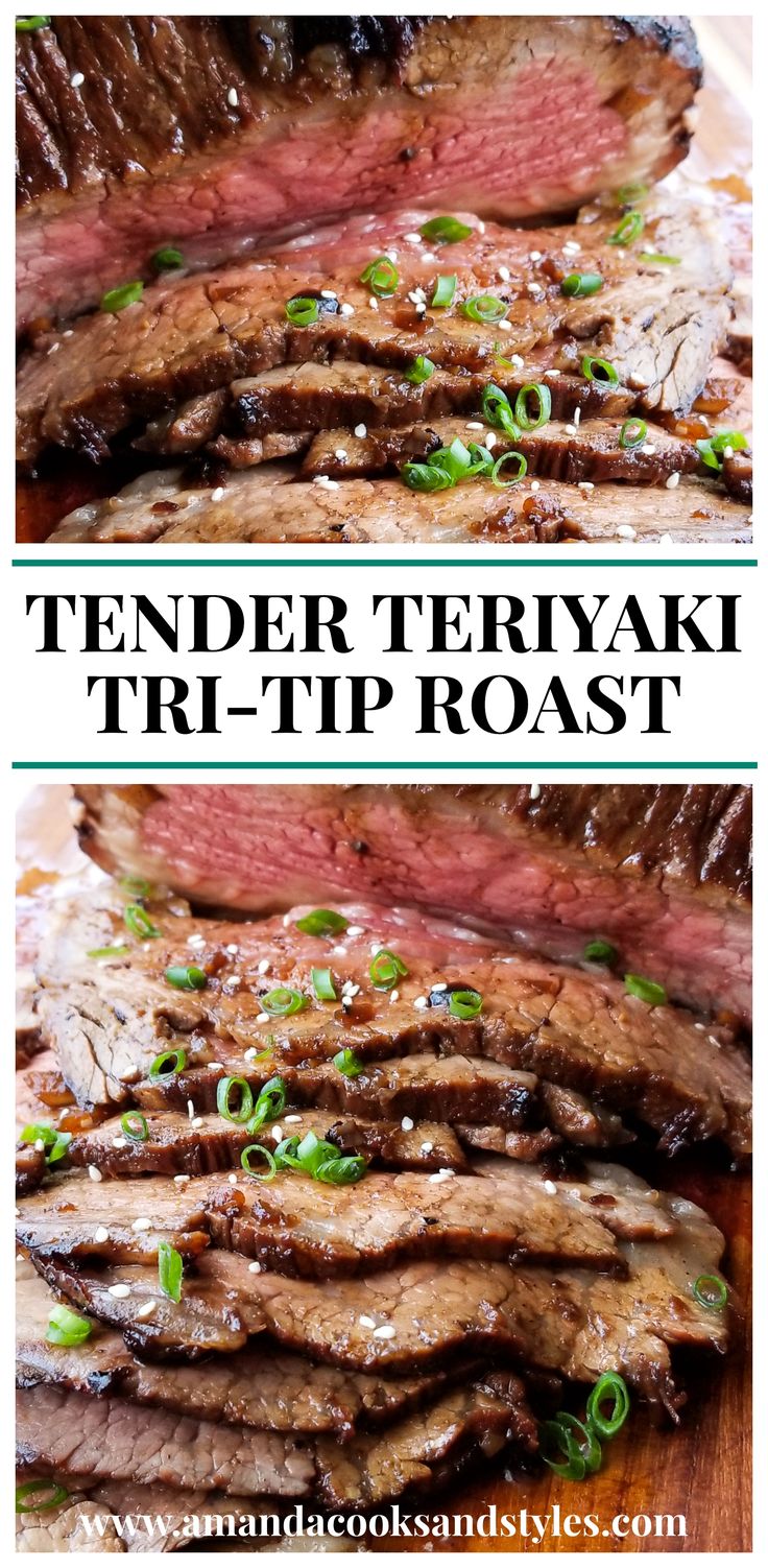 tender teriyaki tri - tip roast with green onions on the top and in the middle