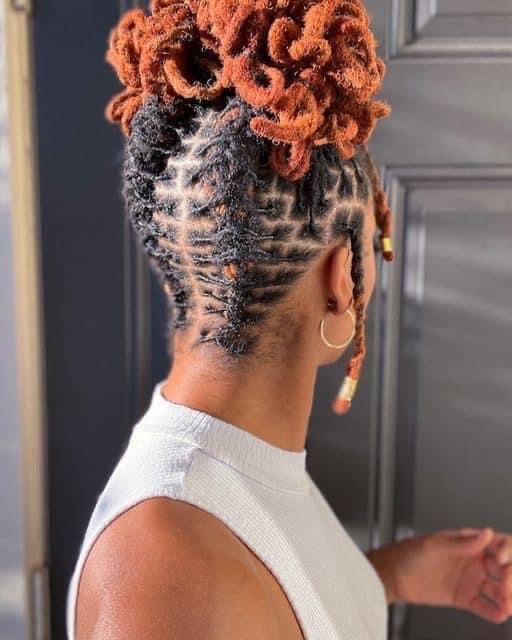 Curled Locks Hairstyles, Concert Loc Styles, Loc Hairstyles For Vacation, Loc Petal Bun With Bangs, Up Do Locs Black Women, Cute Locs Styles, Root Locs, Loc Petals Hairstyles, Vacation Loc Styles