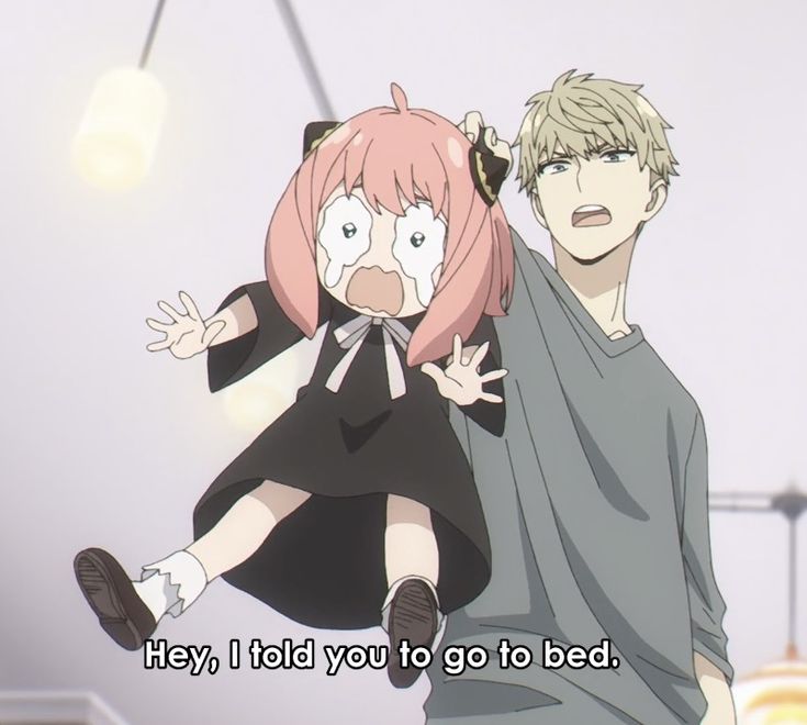 two anime characters are holding each other and one is saying hey, i told you to go to bed