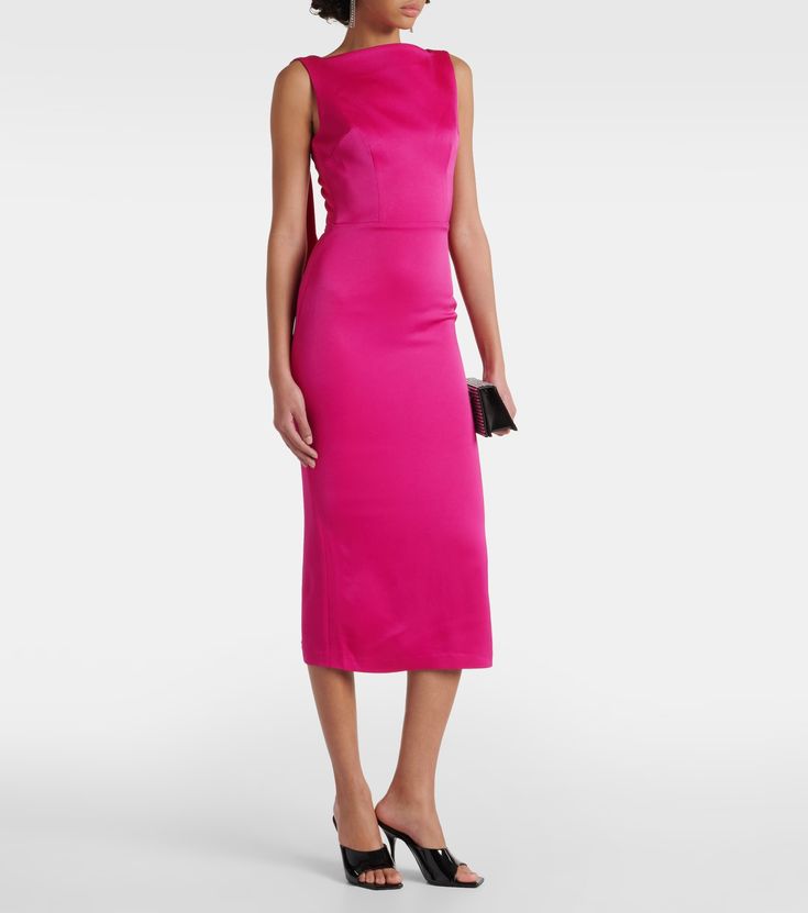 Draped satin crêpe midi dress in pink - Alex Perry | Mytheresa Chic Pink Crepe Dress, Silk Crepe Sleeveless Evening Dress, Sleeveless Silk Crepe Formal Dress, Formal Sleeveless Silk Crepe Dress, Silk Crepe Midi Dress For Evening, Sleek Pink Dress For Party, Formal Fitted Silk Crepe Midi Dress, Chic Crepe Maxi Dress For Cocktail, Chic Cocktail Crepe Maxi Dress