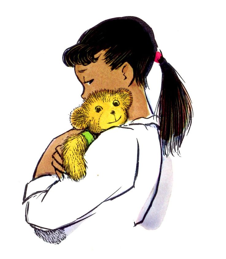 a drawing of a girl holding a teddy bear with her arms wrapped around her chest