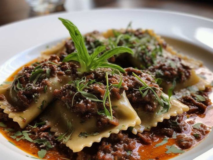 a white plate topped with ravioli covered in sauce and meat toppings, garnished with fresh herbs