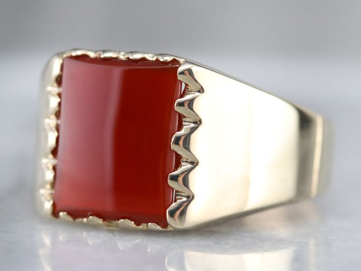 The style is vintage from the 1970s, and has clean lines that keep the ring simple! The center is a smooth and warm Carnelian, which has an earthy orange-red hue! Metal: 10K Yellow Gold Gem: Carnelian Gem Measurements: 12 x 10 mm, Rectangle Ring Size: 11 Marks: "Dason 10K" Stamped on the inside band Yellow Gold Sapphire Ring, Rectangle Ring, Right Hand Ring, Carnelian Ring, Cameo Ring, Right Hand Rings, Hand Ring, Ring Simple, Cabochon Ring