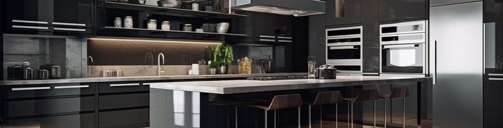 a kitchen with black cabinets and stainless steel appliances