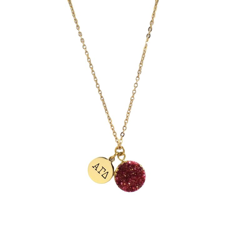 PRICES MAY VARY. STUNNING & STYLISH SORORITY NECKLACE: Your search for a beautiful sorority necklace ends here. Our Alpha Gamma Delta jewelry features a lovely little disc pendant with AGD engraved alongside a red druzy gemstone for good luck and good vibes. AGD SISTERHOOD SORORITY GIFT: Solidify your sisterhood with this beautiful AGD necklace. It is a perfect sorority gift for women for bid day, graduation, and other special occasions. Wear it with pride and add an elegant, stylish touch to yo Adjustable Red Personalized Necklace, Personalized Red Round Pendant Charm Necklaces, Alpha Gamma Delta Jewelry, Sorority Necklace, Sorority Merchandise, Alpha Gamma Delta, Engraved Pendant, Sorority Gifts, Red Gemstones