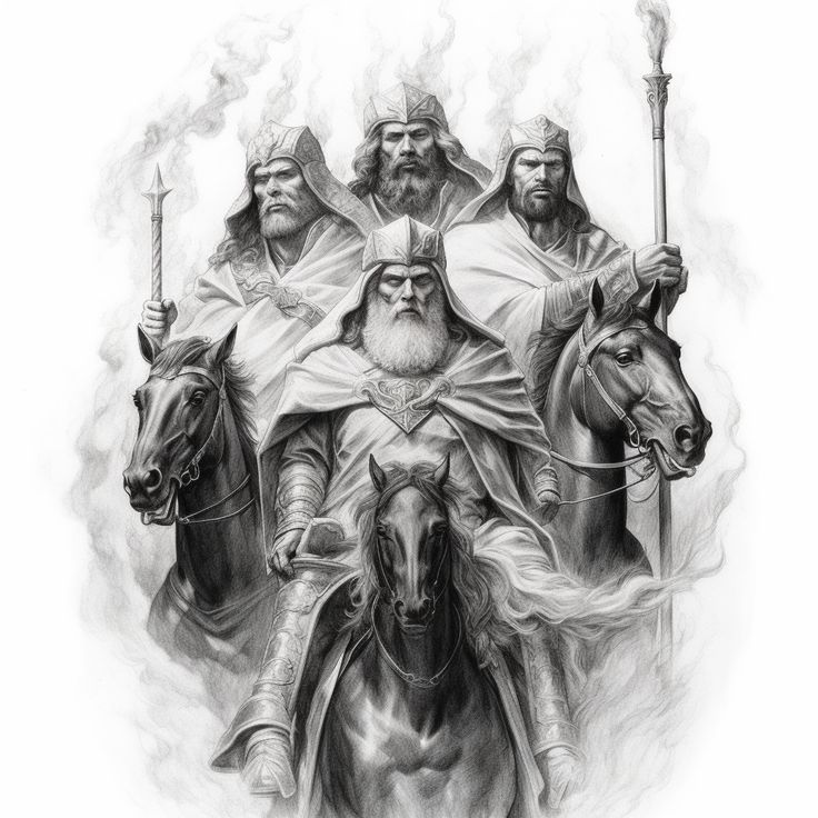 a drawing of three men on horses with one holding a staff and the other sitting down