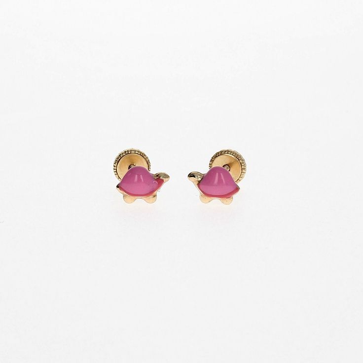 Adorable 14k Turtle earrings with a pink enamel overlay. Backings are Screw Back. Hypoallergenic Pink Jewelry For Formal Occasions, Pink Pierced Earrings As Gift, Nickel-free Yellow Gold Enamel Earrings, Gold Enamel Pierced Earrings, Pink Sterling Silver Earrings For Pierced Ears, Pink Drop Earrings Fine Jewelry, Yellow Gold Enamel Earrings As Gift, Yellow Gold Enamel Earrings For Pierced Ears, Pink Enamel Jewelry With Matching Earrings