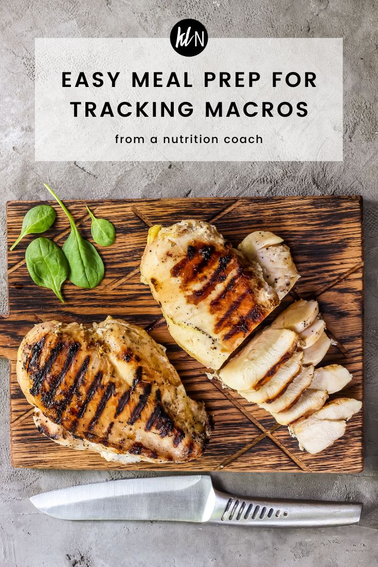 grilled chicken and vegetables on a cutting board with text overlay that reads easy meal prep for tracking macros from a nutrition coach