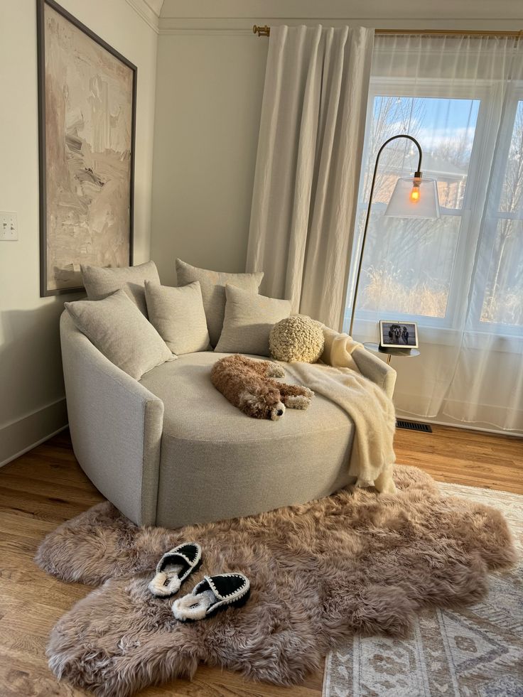 a dog laying on top of a couch in a living room next to a window