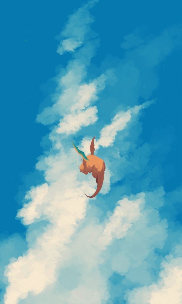 an animal flying through the air on top of clouds