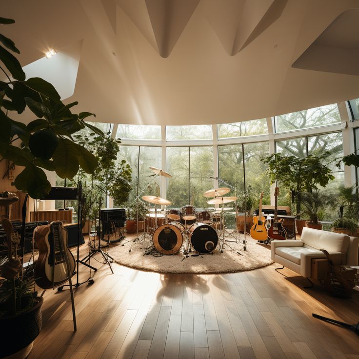 a living room filled with lots of furniture and musical instruments on top of a hard wood floor